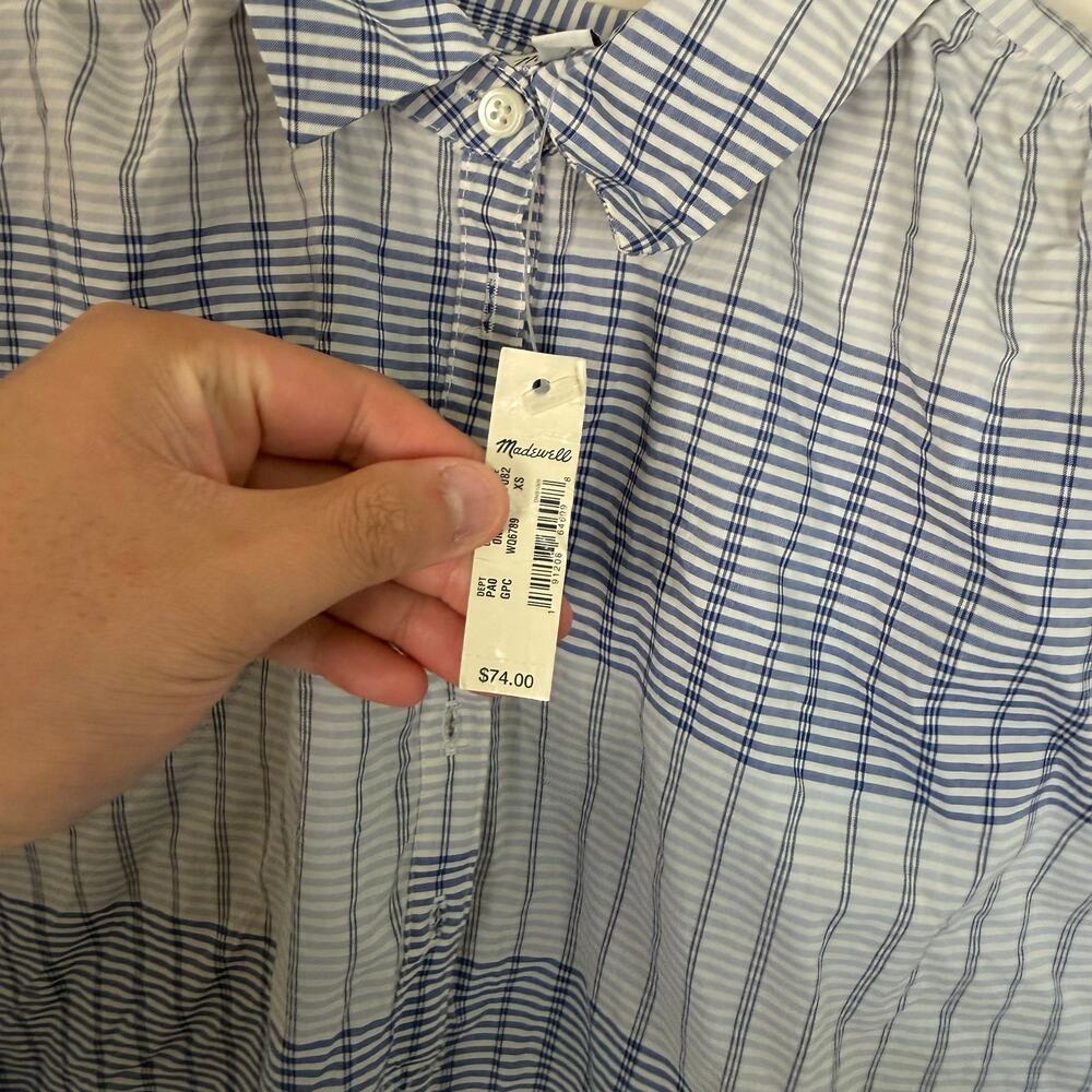 Madewell | NEW Blue Window Pane Preppy Short Sleeve 1/2 Button Up Blouse Sz XS - Picture 3 of 8